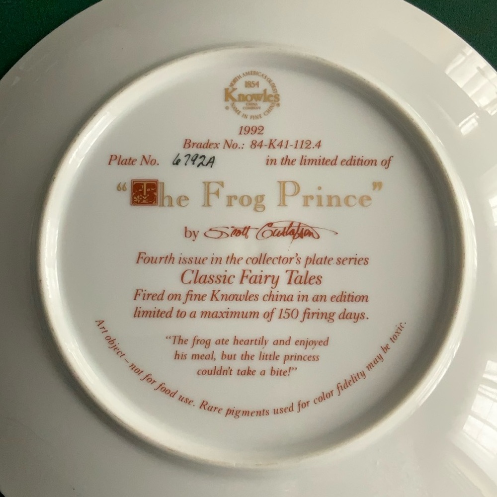 The Frog Prince 1992 Knowles Collector Plate Ltd Ed #6792A - Picture 4 of 4